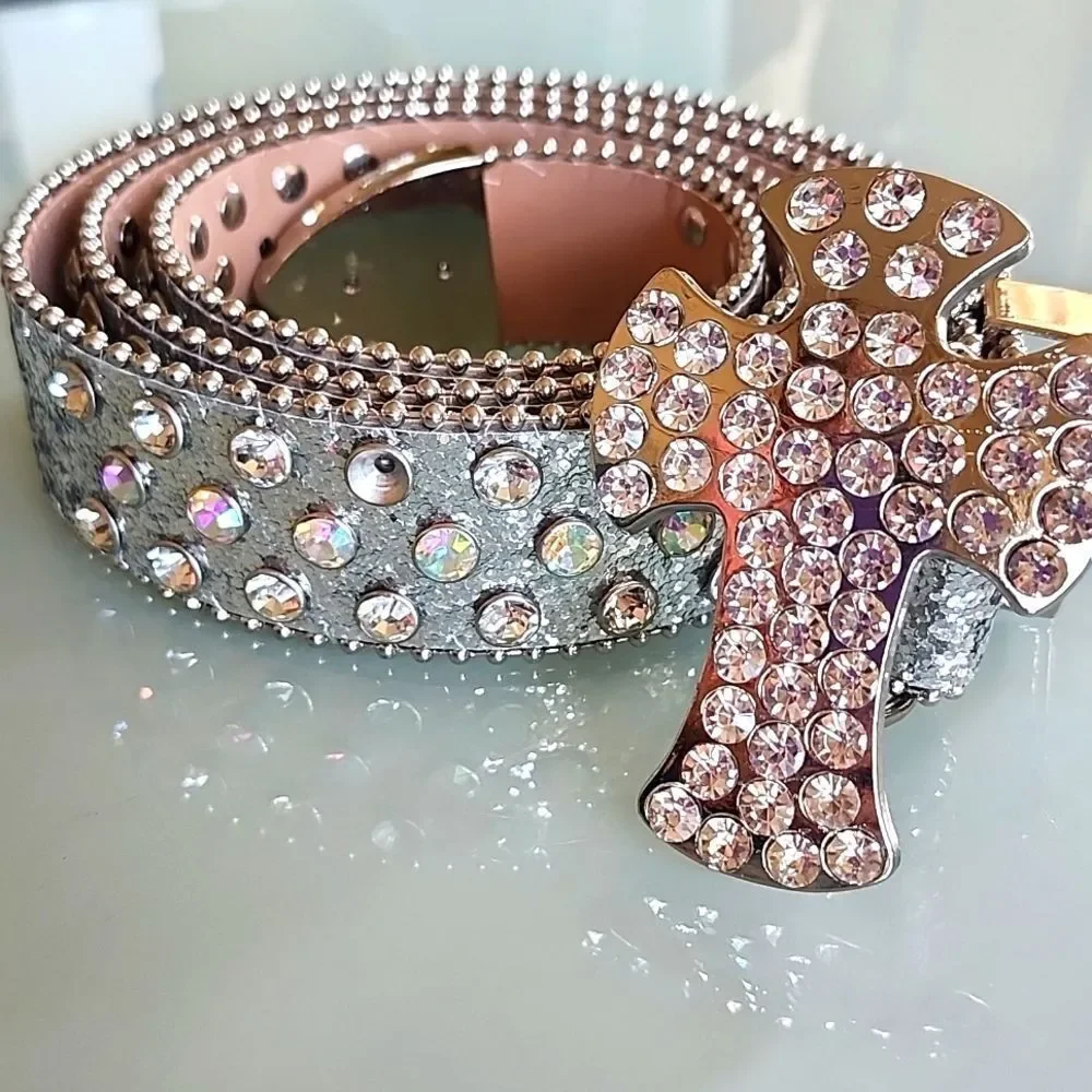 Rhinestone Blingy Glam Flashy Extra Cowgirl Belt With Cross Buckle‎ Plus Size